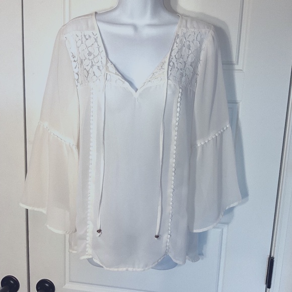 Millennium Tops - Millennium Beige 3/4 Sleeve Lace Hi/lo Lace Boho Peasant Cottage Top M